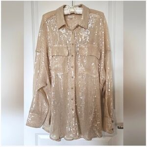 Anthropologie Sequined Long-Sleeve Oversized Button Down Collared Top by Pilcro